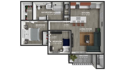 Floor plan for 2 beds, 1 bath, 916 sqft
